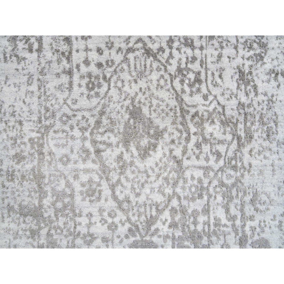 Gray Broken Persian Design Wool and Pure Silk Hand Knotted Runner Rug, 2'6"x8'