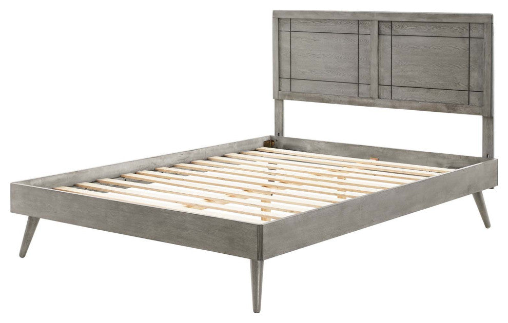Platform Bed Frame, King Size, Wood, Gray, Modern Mid-Century, Bedroom