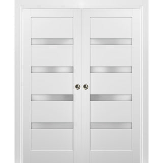 Double Pocket Doors 64x96|Frames|Quadro 4113 White Silk|Frosted Opaque Glass
