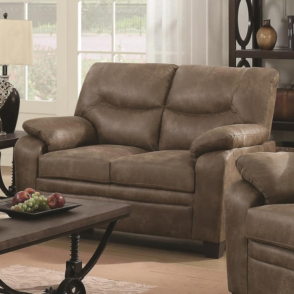 Transitional Microfiber Fabric and Wood Loveseat With Cushioned Armrests, Brown