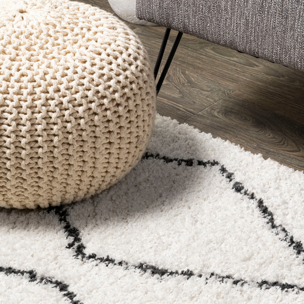 Catala Moroccan Diamond Shag Rug, White/Black, 2x8