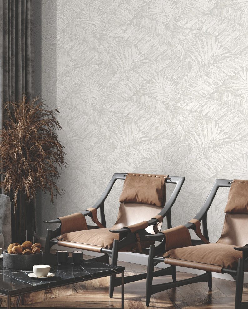 Palm Cove Toile White and Gray Wallpaper
