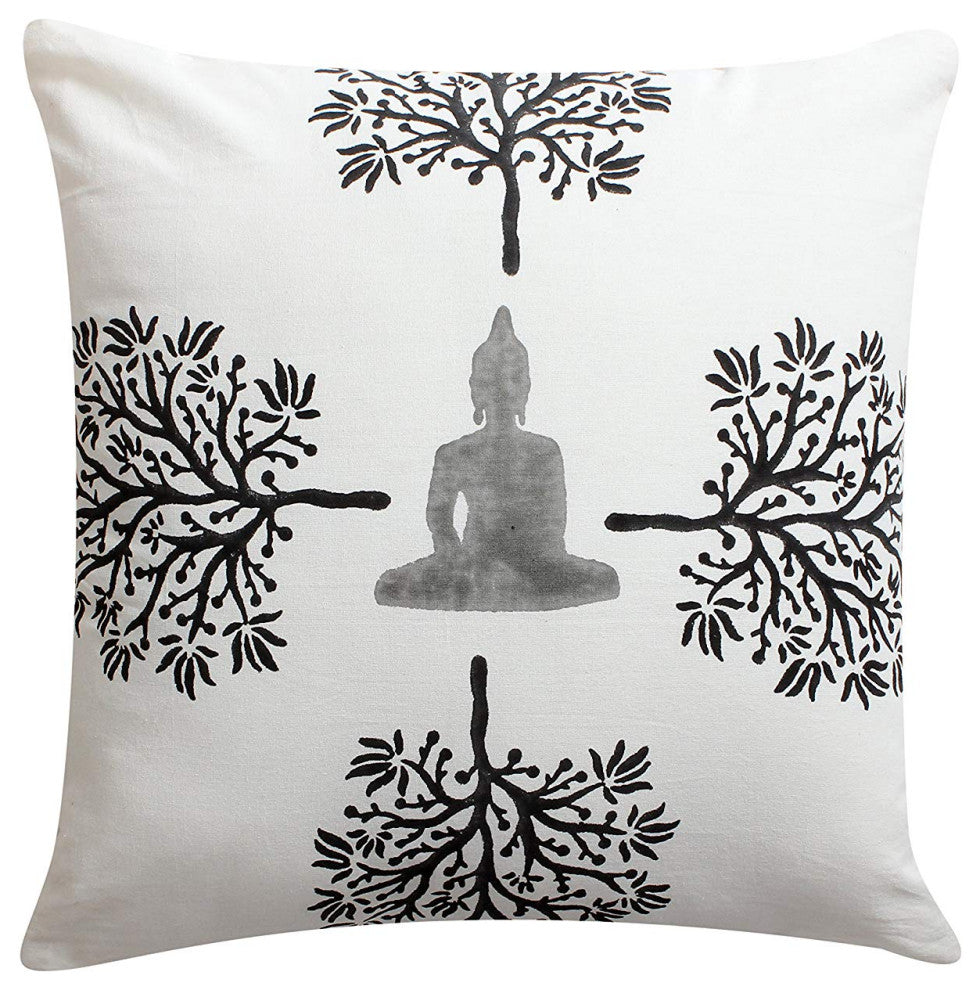 Benzara BM200577 Hand Block Printed Buddha & Trees Cotton Pillow, White & Black