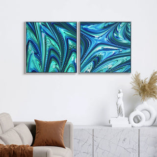 Ocean Waves I & II Crystallus Epoxy Coated Wrapped Framed Blue Canvas Wall Art