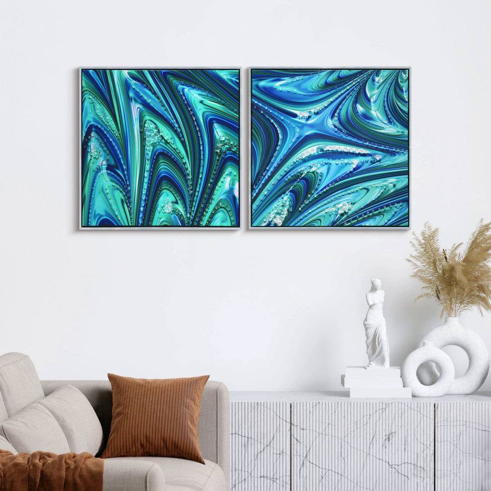 Ocean Waves I & II Crystallus Epoxy Coated Wrapped Framed Blue Canvas Wall Art