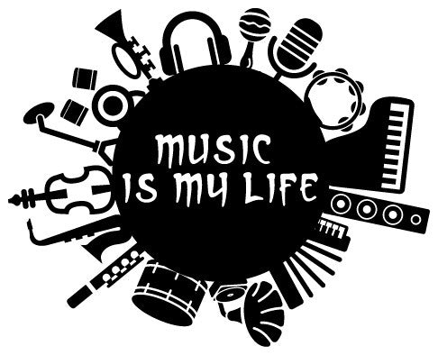 Wall Decal Vinyl Music is my life inscription guitar drum contrabass, 46"x46"