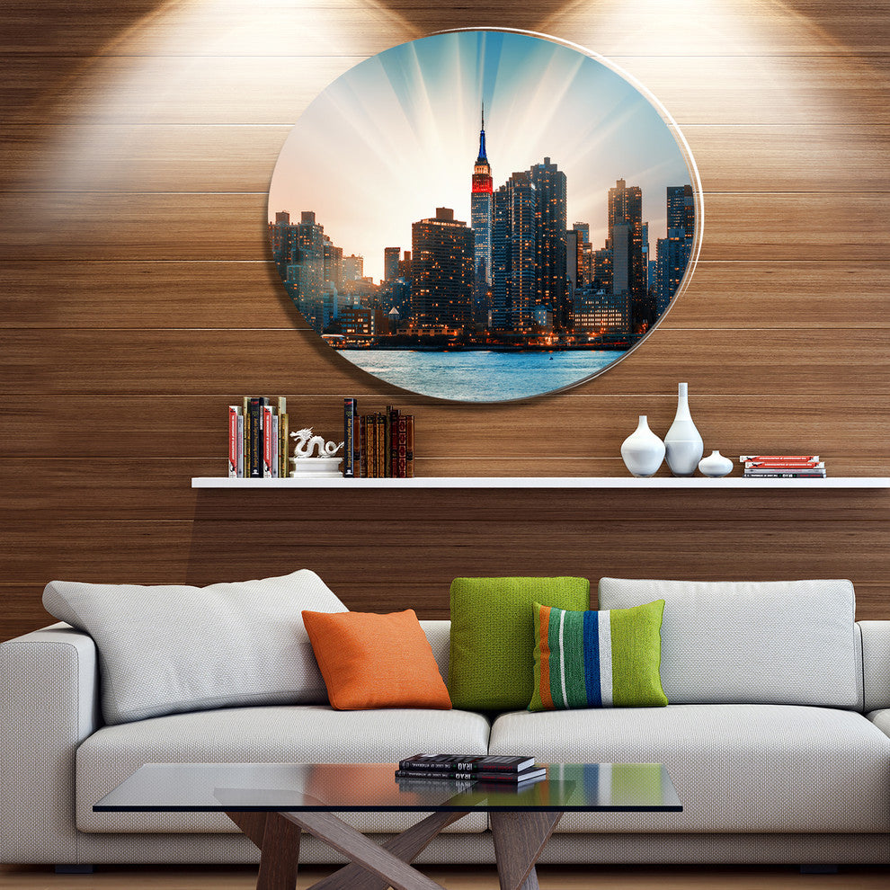 Manhattan Skyline At Bright Sunset, Cityscape Disc Metal Artwork, 11"