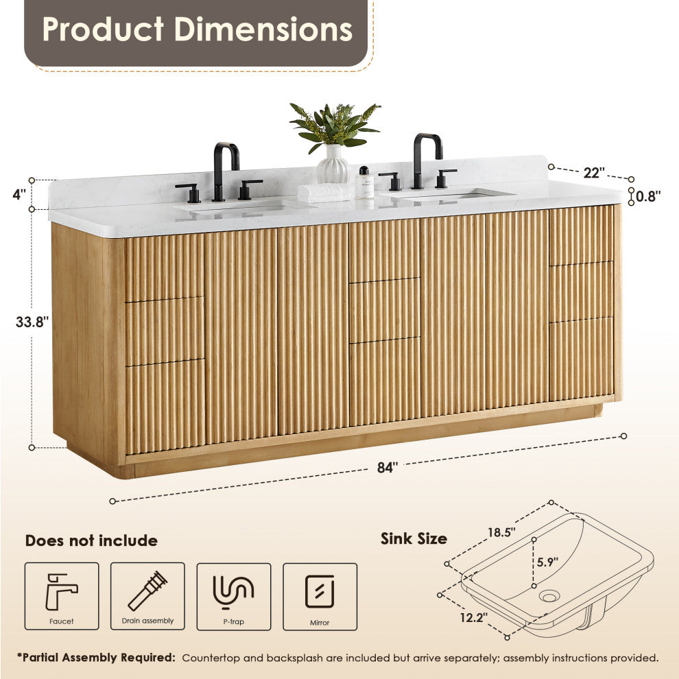 Clayton Bathroom Vanity, Washed Light Brown, 84", No Mirror