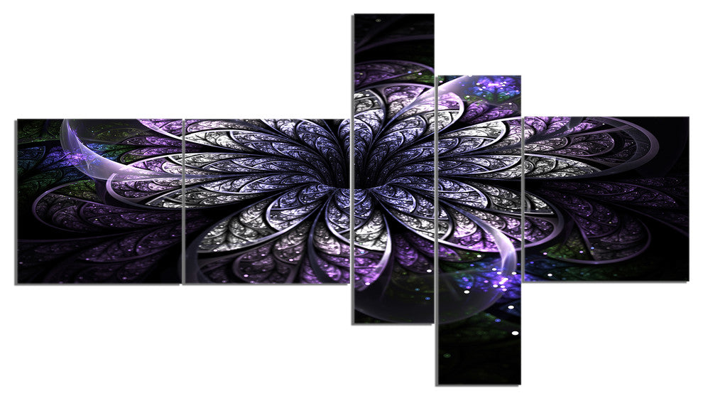 Green Fractal Flower in Dark, Blue, Floral Art Canvas Print, 60"x32", 5 panels