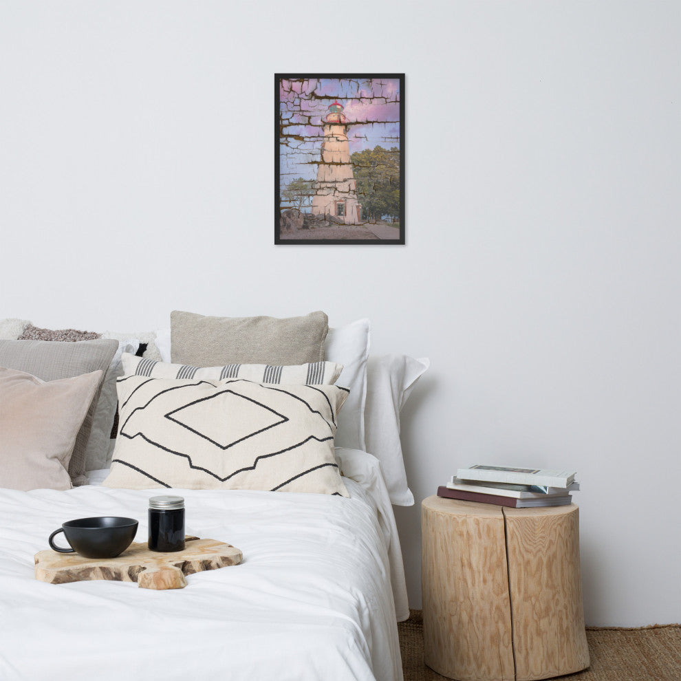 Faux Wood Texture Marblehead Lighthouse at Sunset Framed Photo Wall Art Print, Black, 18" X 24"