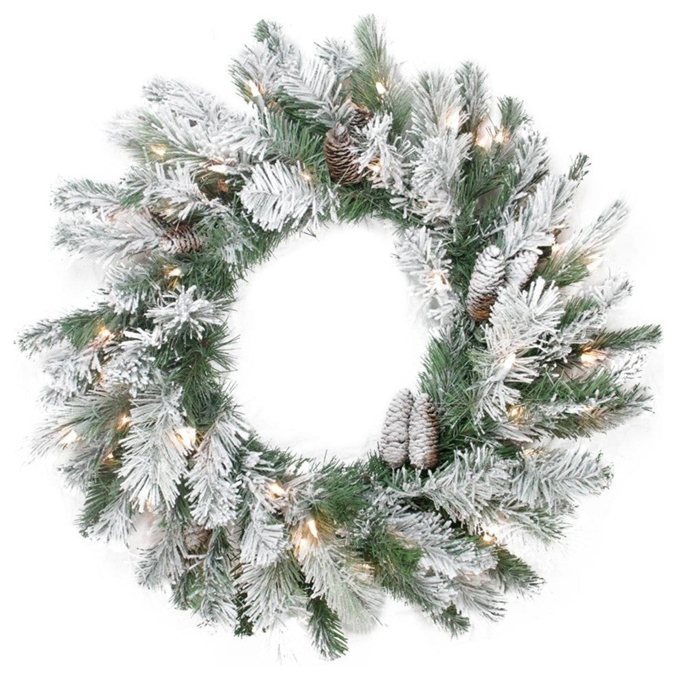 Pre-Lit Flocked Victoria Pine Artificial Christmas Wreath, Clear Lights, 24"