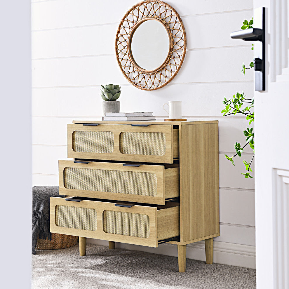 TATEUS 3 drawer dresser, modern rattan dresser cabinet, Natural