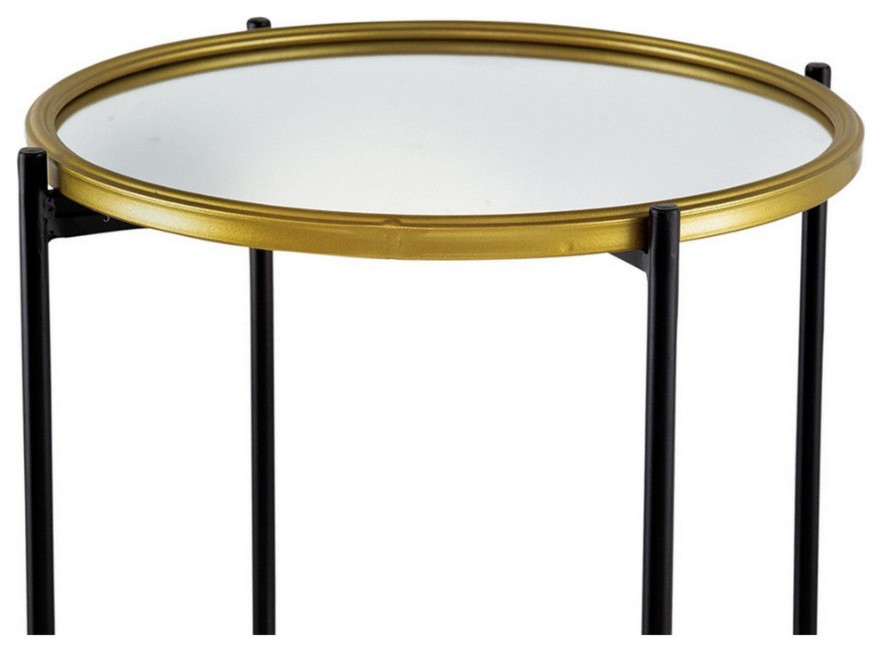 Benzara BM284919 Round 3 Tier Shelf, Metal, Mirrored Glass Shelves, Black, Gold