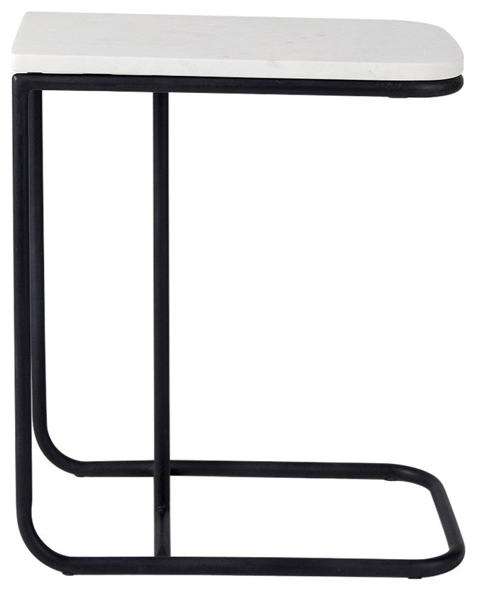 Kyra 12Lx20Wx23H White Marble Top With Black Iron Frame C-Shaped Side Table
