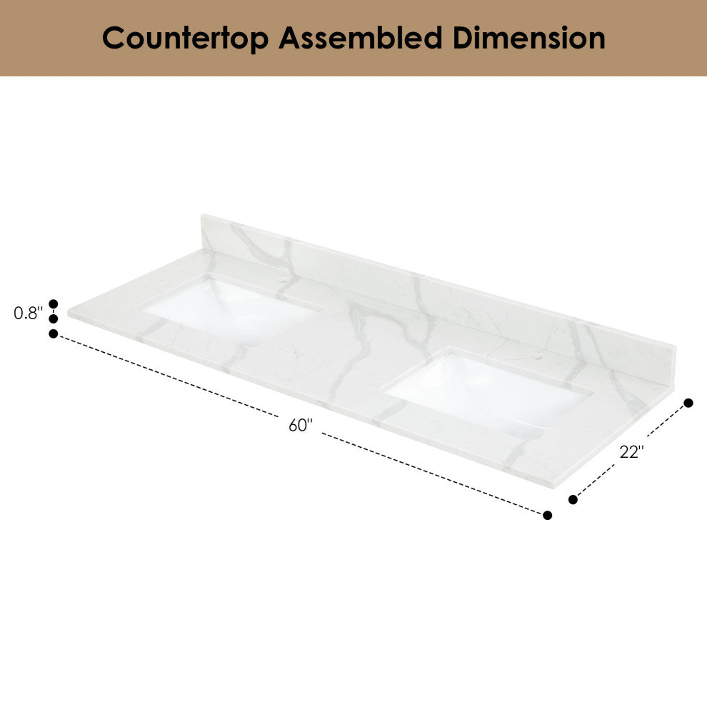 Arbios Quartz Stone Vanity Top in Calacatta White, Calacatta White, 60", Single Hole