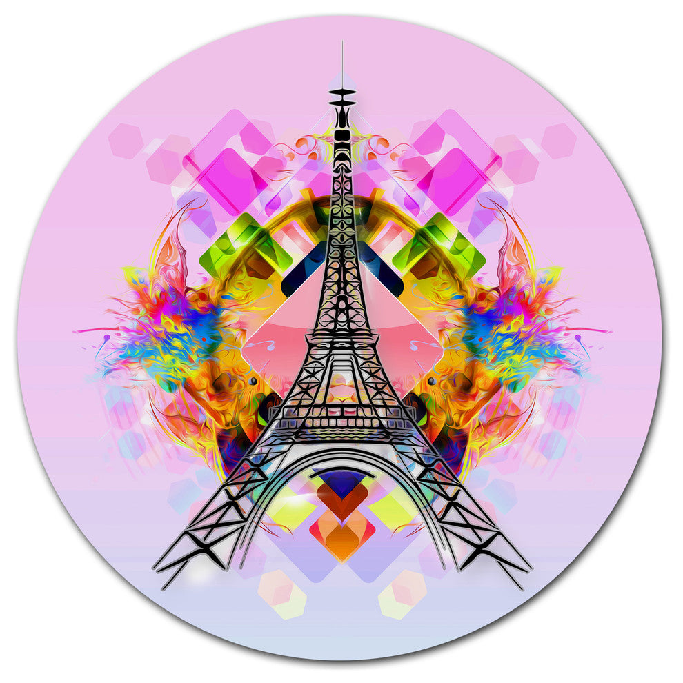 Bright Eiffel Tower Cartoon, Abstract Large Disc Metal Wall Art, 23"