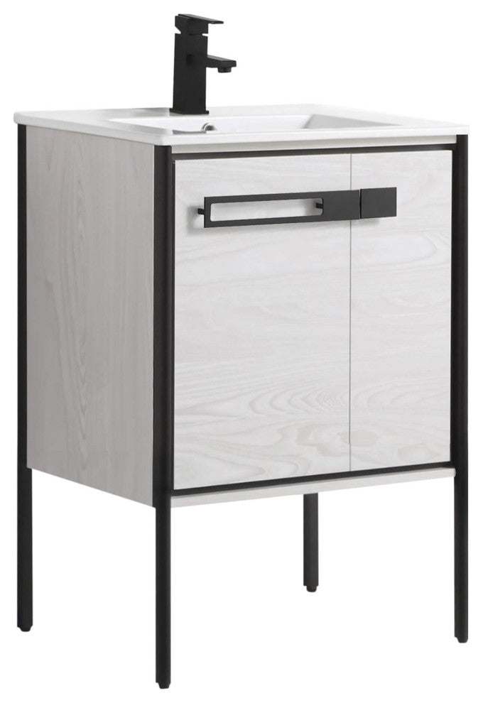 Oakville Bath Vanity, Ceramic Sink, Mild Grey Oak, 24 Inch, Black Hardware
