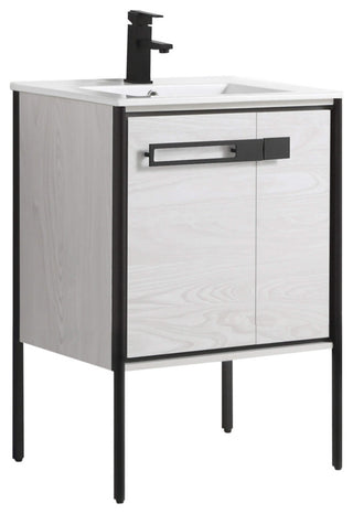 Oakville Bath Vanity, Ceramic Sink, Mild Grey Oak, 24 Inch, Black Hardware