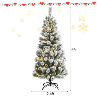5FT Pre-Lit Hinged Christmas Tree Snow Flocked w/9 Modes Remote Control Lights