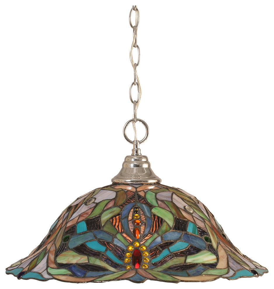 Chain Hung Pendant In Chrome, 19" Kaleidoscope Tiffany Glass