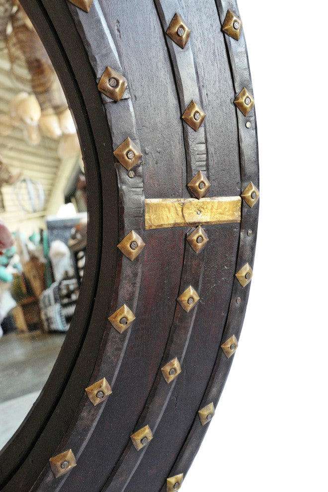 Round Ox Cart Wood and Brass Mirror