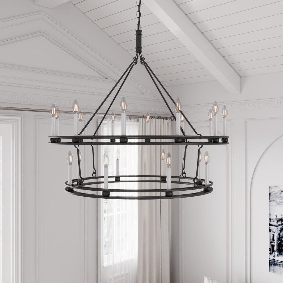 Matte Black 20-Lights Wagon Wheel Chandelier for Living Room