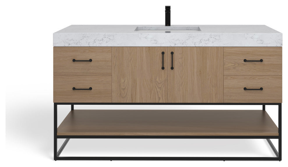 Bahia Bath Vanity, Oak, 60", Matte Black Hardware, Single, Freestanding