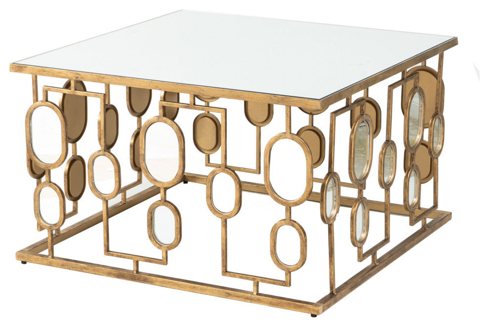 Benzara Coffee Table, Mirror Top, Geometric Patterns, Iron, Modern, Gold