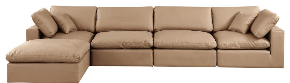 Comfy Upholstered L-Shaped Modular Sectional, Tan, 5-Piece: 2 Armless Chair, 2 Corner Chair, 1 Ottoman, Vegan Leather