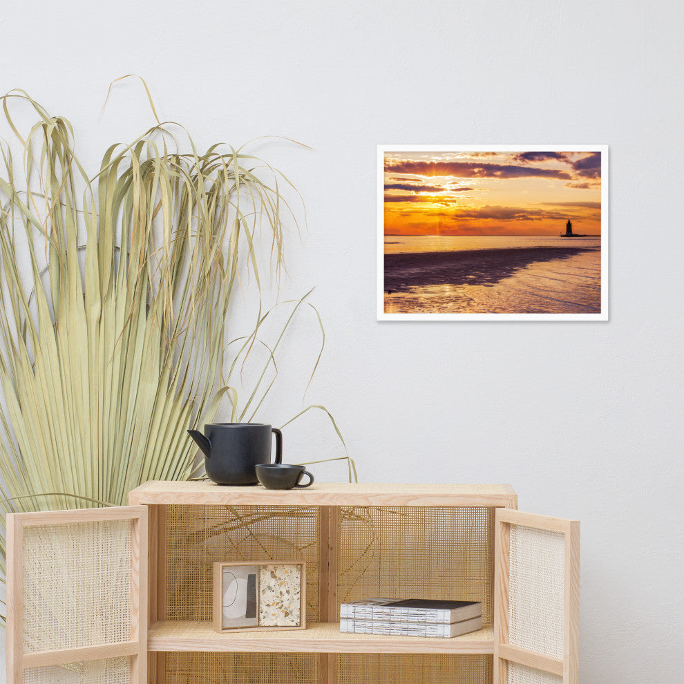 Cape Henlopen at Sunset Coastal Landscape Framed Photo Paper Wall Art Prints, White, 18" X 24"