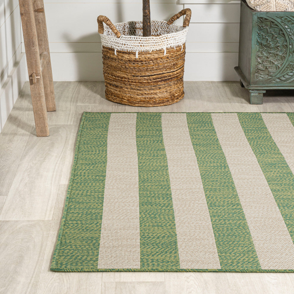 Negril Two-Tone Wide Stripe Indoor/Outdoor Area Rug, Green/Cream, 8x10