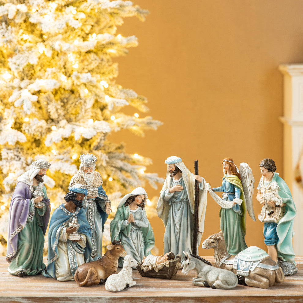 12-Piece Deluxe Blue Resin Nativity Figurine Set
