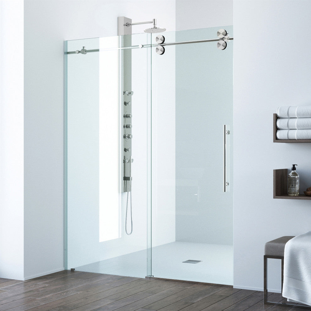 VIGO Elan 48" to 52" W x 74" H Frameless Sliding Shower Door, Stainless Steel, Clear Glass