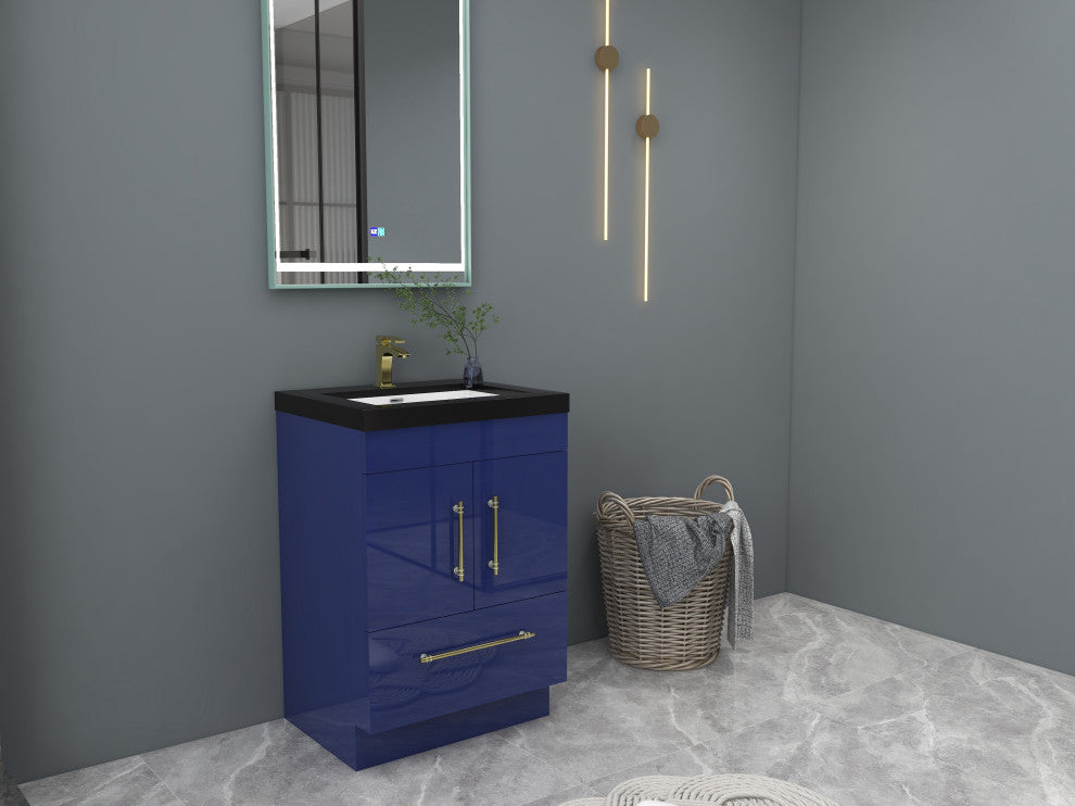 Rosa 24" Free Standing Modern Vanity, High Gloss Night Blue, Matt Black Top