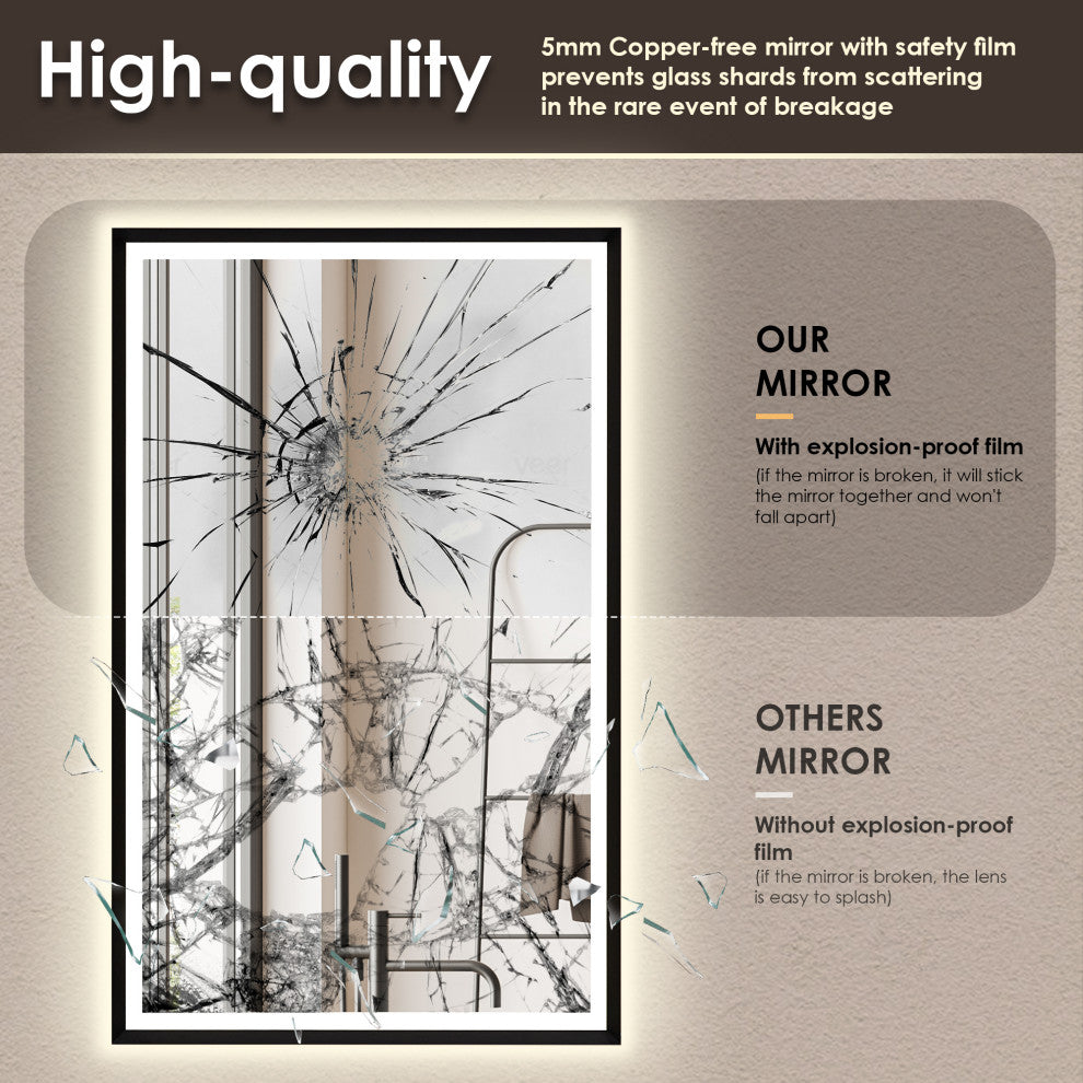 Apollo Anti-Fog Dimmable Vanity, LED Lighted Wall Mirror, Matte Black, 48"