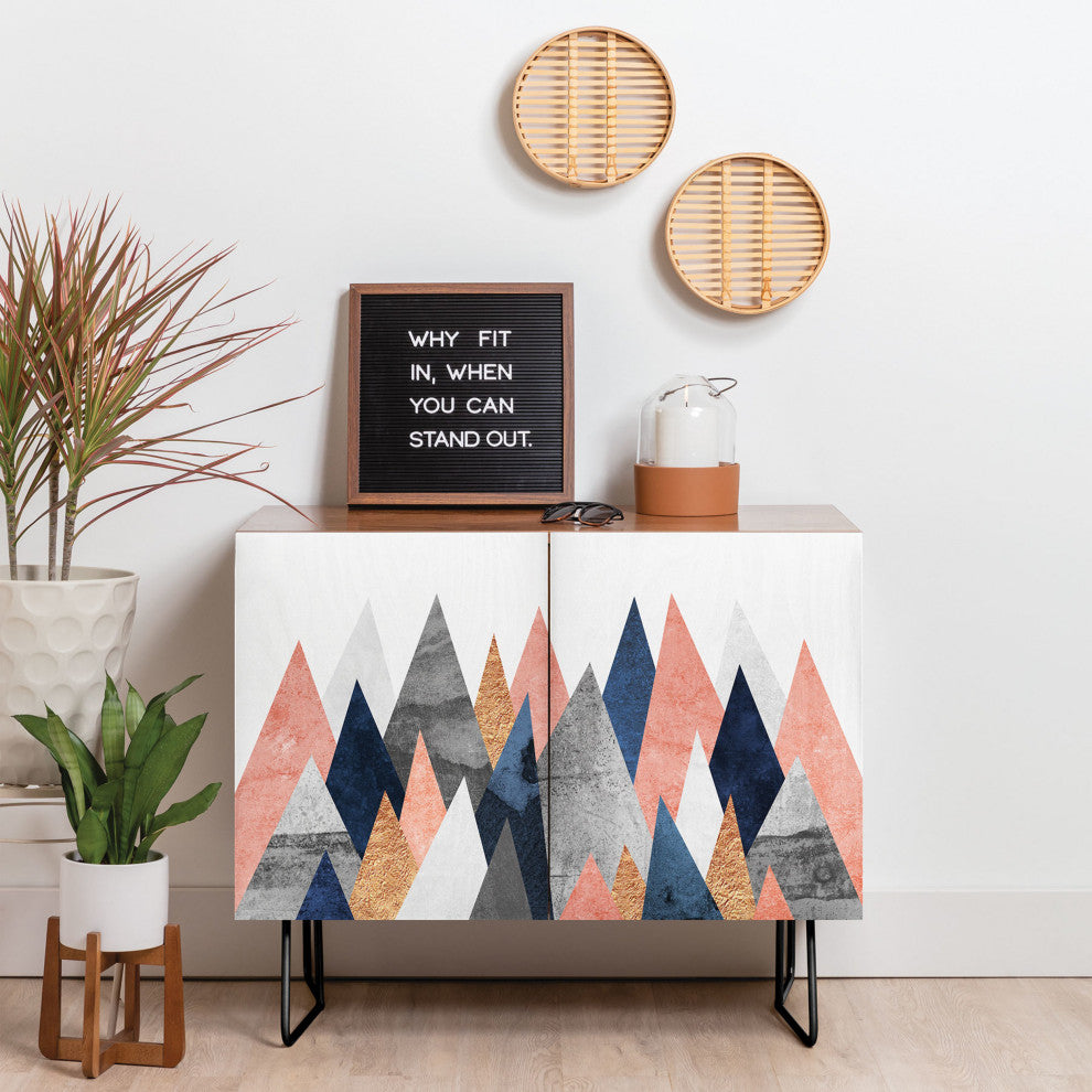 Deny Designs Pink and Navy Peaks Credenza, Walnut, Black Steel legs