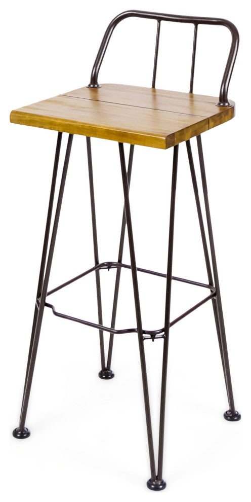GDF Studio Outdoor Teak Finish Acacia Wood Barstools With Iron Frame, Set of 2
