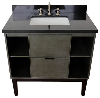 37" Single Vanity, Linen Gray Finish With Black Galaxy Top And Rectangle Sink