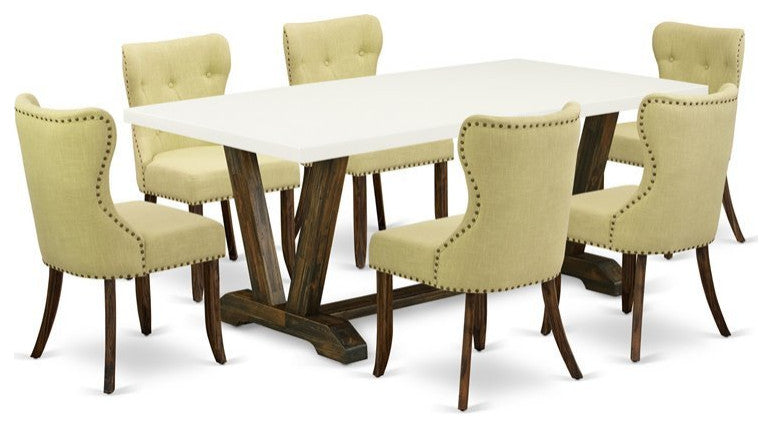 7-Piece Dining Set, 6 Chairs, Table Top-Linen White and Jacobean