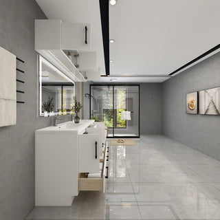 Victoria 60" Solid Wood Vanity Double Sink, Overhead Cabinet, Glossy White