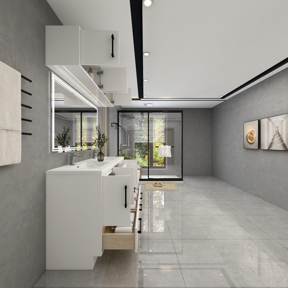 Victoria 60" Solid Wood Vanity Double Sink, Overhead Cabinet, Glossy White