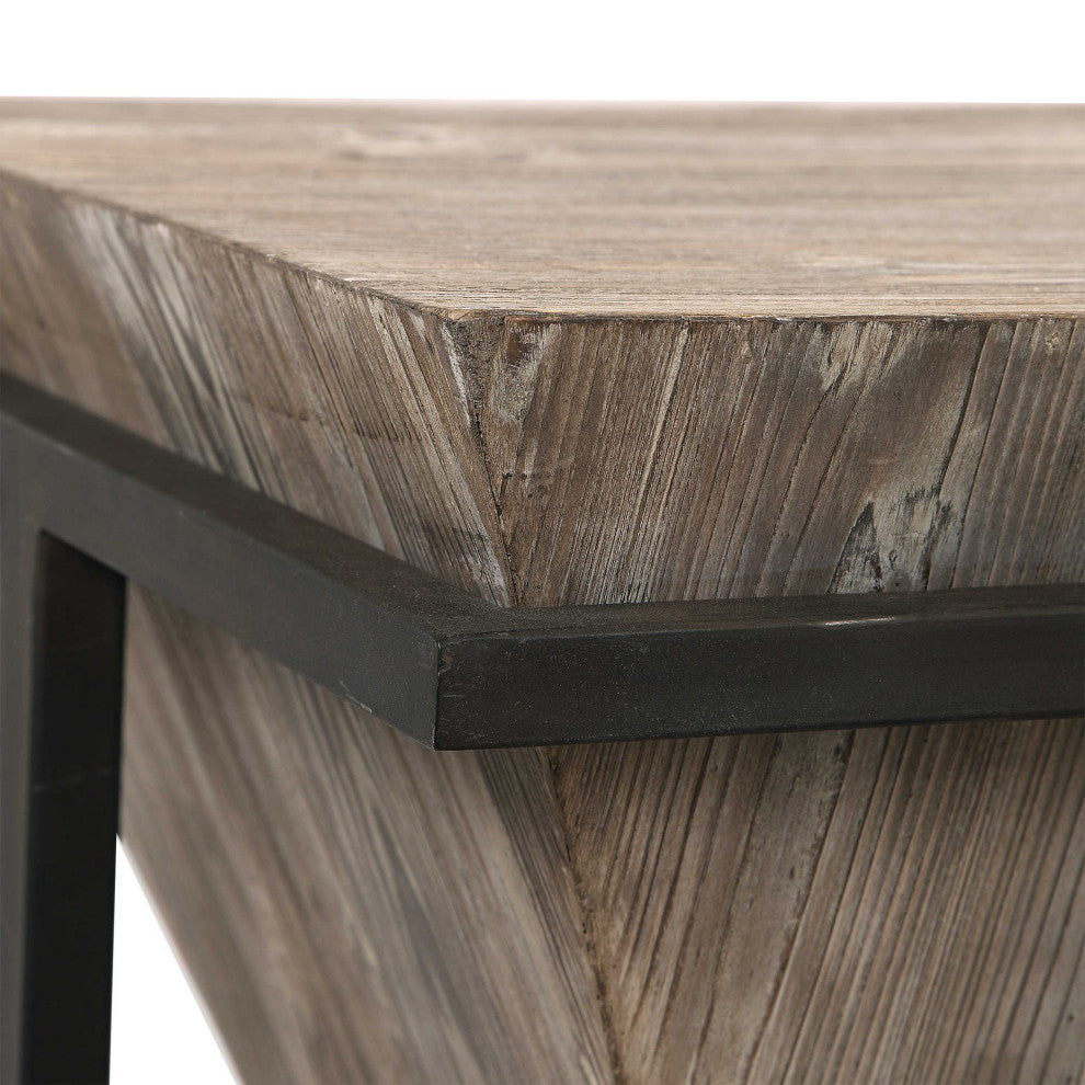 Modern Rustic Industrial Pyramid End Table, Geometric Iron Wood Block Accent