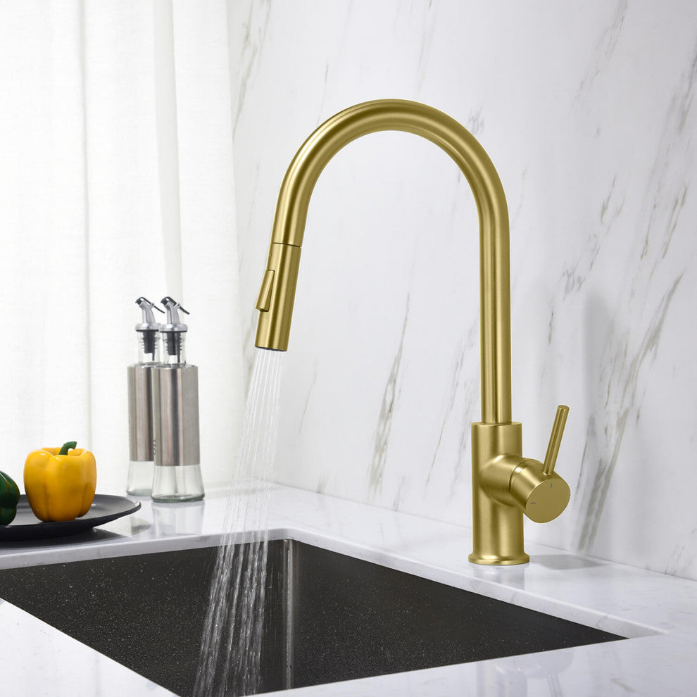 Circular Single Handle Pull Down Kitchen Faucet, Brushed Gold