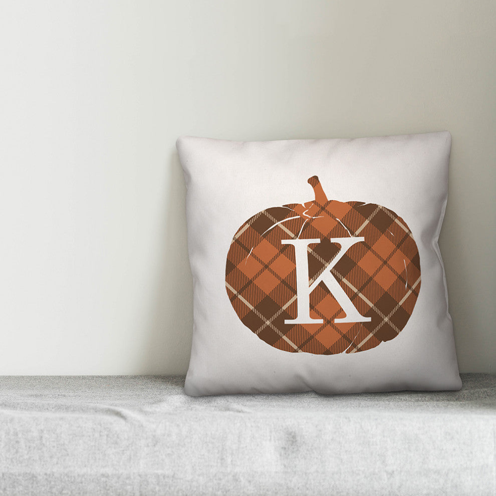 Plaid Pumpkin Monogram K 18x18 Spun Poly Pillow