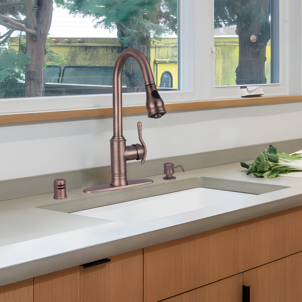 Copper Pull Down Kitchen Faucet, Single Level Solid Brass Kitchen Sink Faucets, American Bronze