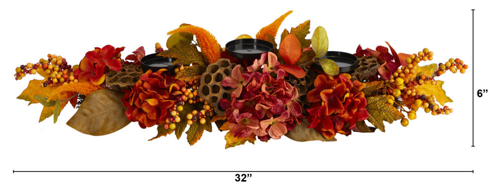 32" Fall Hydrangea, Lotus Seed and Berries Artificial Candelabrum Arrangement
