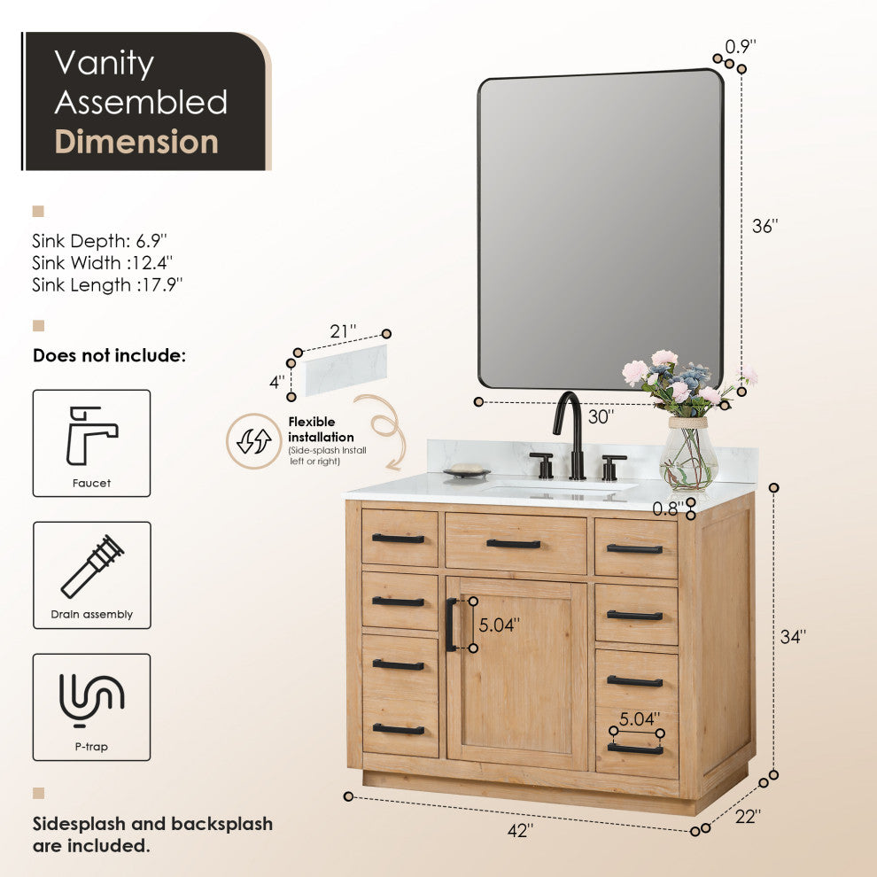 Gavino Vanity With Grain White Composite Stone Top, Light Brown/Matte Black, 42", With Mirror