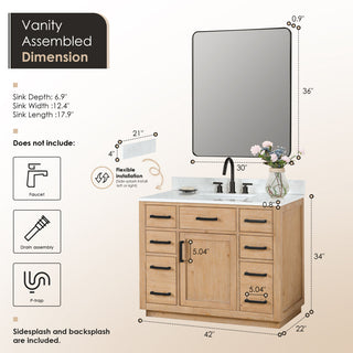 Gavino Vanity With Grain White Composite Stone Top, Light Brown/Matte Black, 42", With Mirror