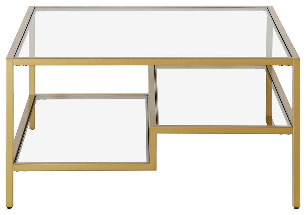 32" Gold Glass And Steel Square Coffee Table With Two Shelves