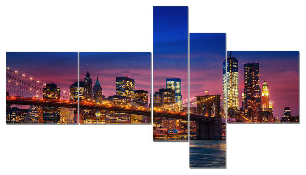 Manhattan with Lights and Reflections, Large Canvas Art Print, 60"x32", 5 panels